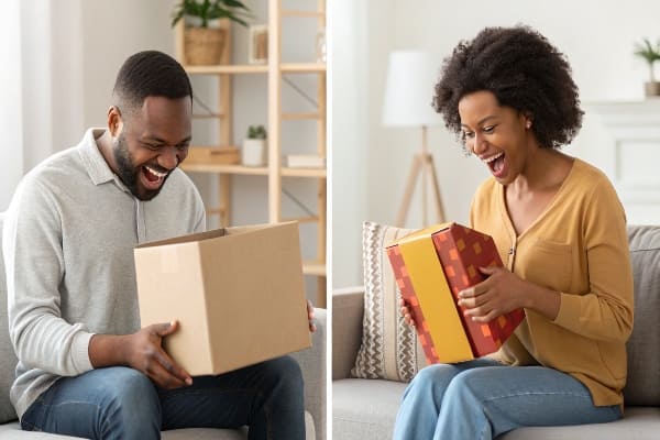 Mann und Frau packen aufgeregt PR-Pakete zu Hause aus