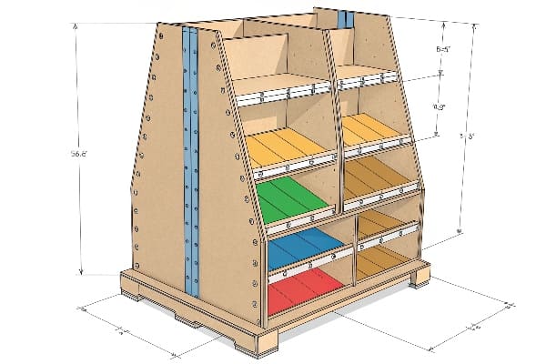 3D design diagram of cardboard retail display with measurements