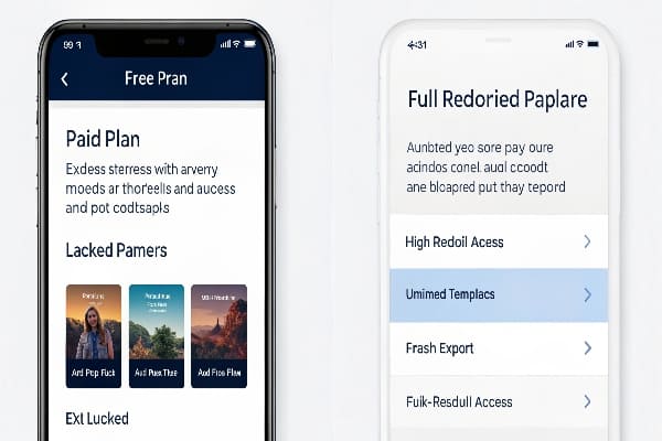 Two smartphones displaying free and paid subscription plan interfaces
