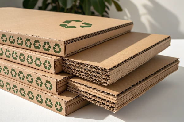 Stack of flattened corrugated cardboard sheets with green recycle symbols