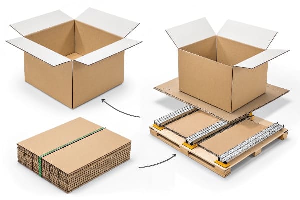 Step-by-step assembly process of cardboard box from flat sheets to finished form