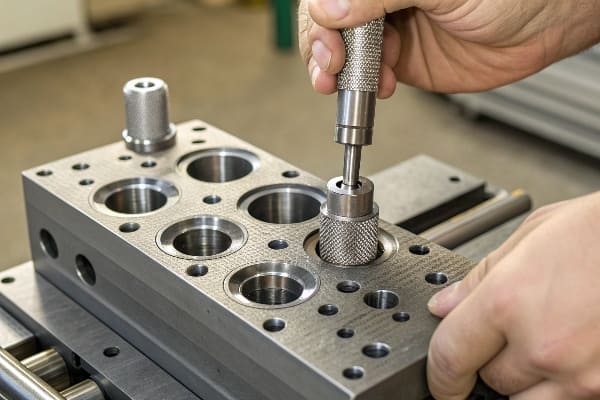 精密ダイブロック内の金属インサートを調整する技術者