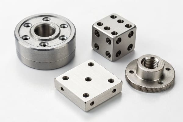 ねじ切りと穴あけ加工が施された機械加工金属部品のセット
