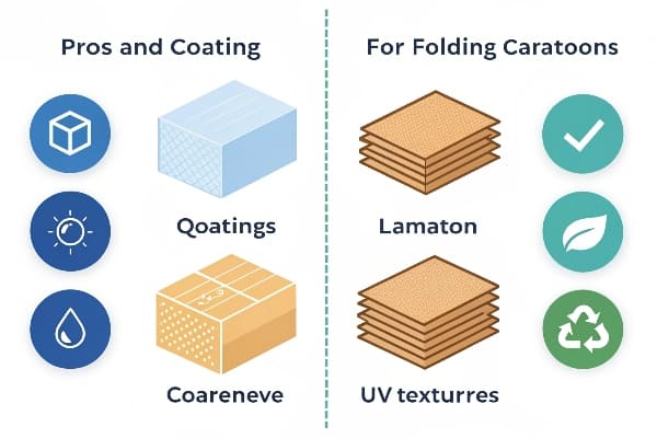 Infographic comparing coatings and materials for folding cartons with icons and text
