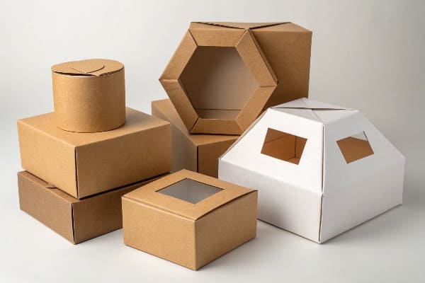 Collection of unique cardboard box shapes including hexagonal and windowed designs