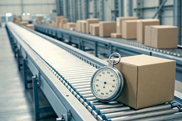 Cardboard boxes on conveyor belt with stopwatch indicating fast delivery