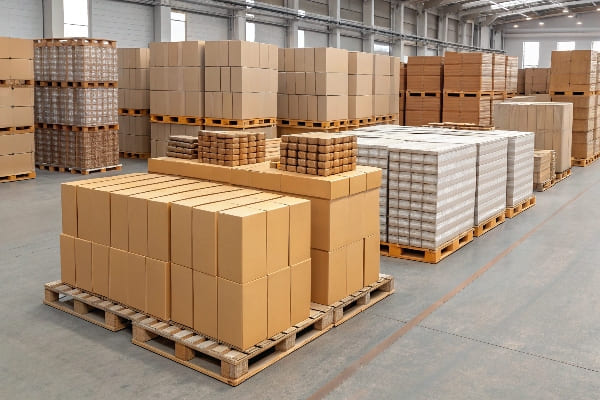Warehouse filled with stacked cardboard boxes organized on pallets