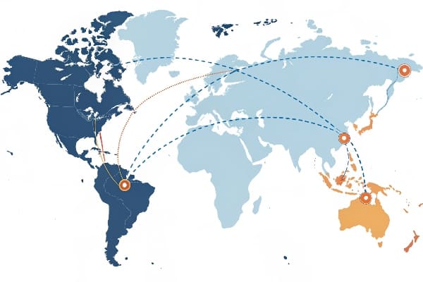 Global shipping routes map with dotted lines and location markers