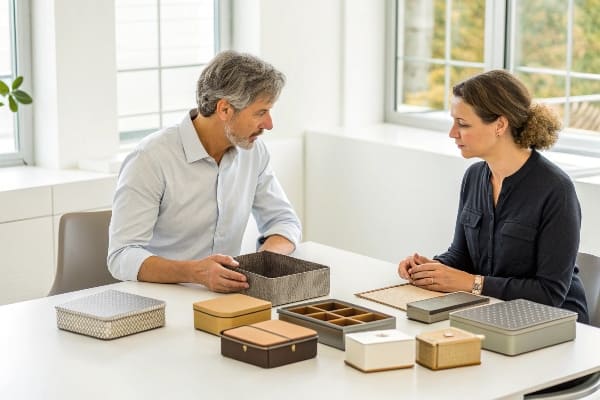 2人のビジネスマンがテーブルで様々な缶詰のサンプルを検討している