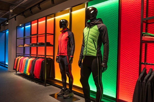 Des mannequins de sport vêtus de vêtements de sport exposés devant un mur illuminé par un arc-en-ciel