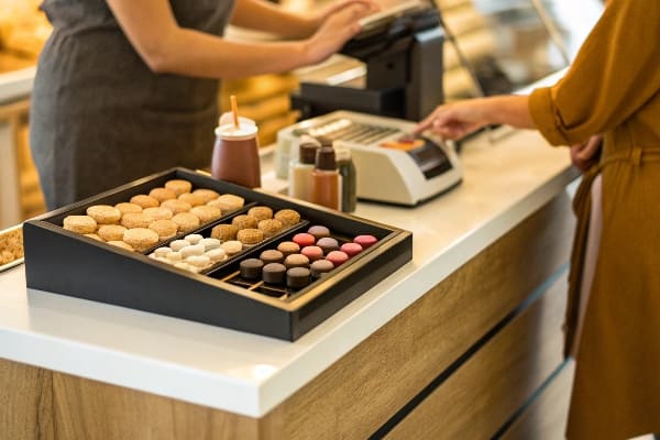 Ein Kunde bezahlt an einer Bäckereitheke neben einer kompakten Keks- und Macaron-Auslage