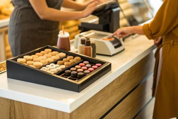 一位顾客在面包店柜台付款，柜台旁边摆放着一排小巧的饼干和马卡龙展示柜。