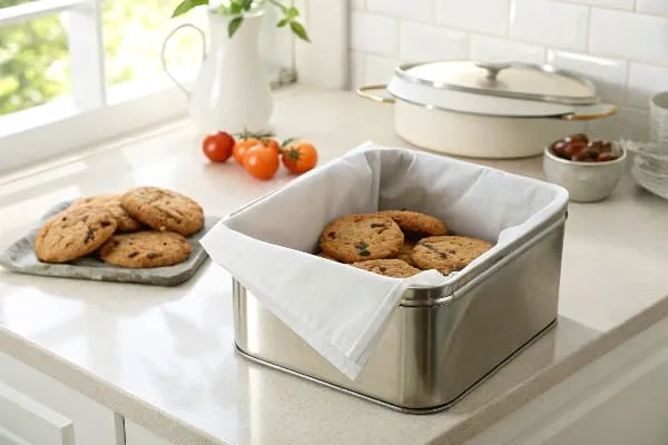 Uma lata de metal própria para alimentos, forrada com papel manteiga e recheada com biscoitos de chocolate