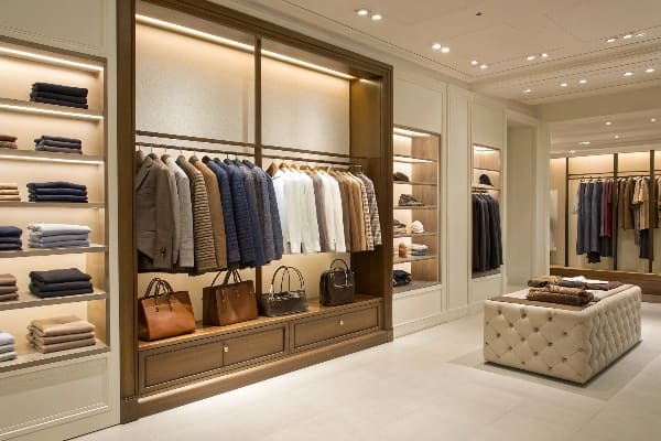Intérieur d'un magasin de vêtements de luxe avec vestes, sacs à main et étagères organisés
