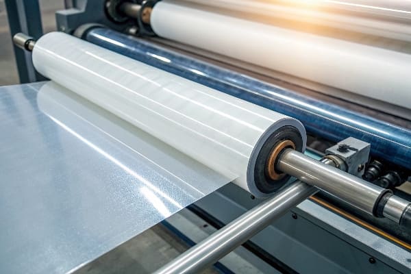 Close-up of plastic film roll on laminating machine