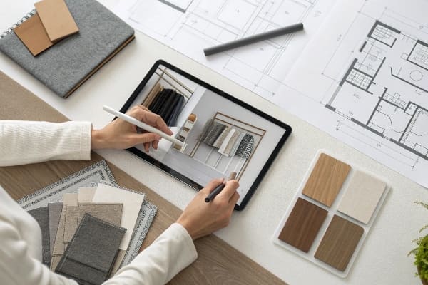 Innenarchitekt verwendet ein Tablet und Stoffmuster, um ein Ladendisplay-Layout zu skizzieren