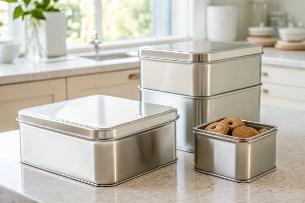 キッチンカウンターに並べられた、さまざまなサイズの食品に安全な光沢のあるブリキの箱3つ