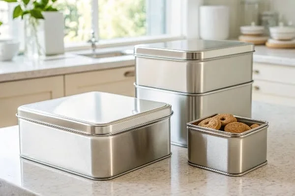 Três latas brilhantes, próprias para alimentos, de tamanhos variados, dispostas sobre a bancada da cozinha