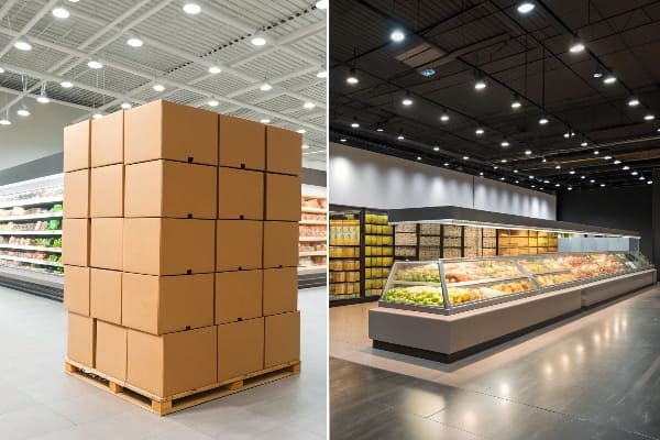 Geteilte Ansicht eines langweiligen Stapels Kartons und einer lebhaften Lebensmittelauslage in einem Supermarkt
