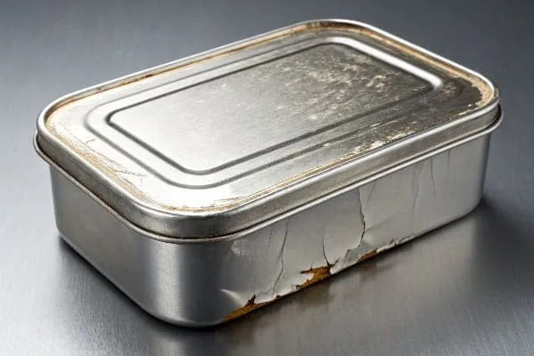 Recipiente retangular de lata com revestimento externo descascando e danificado