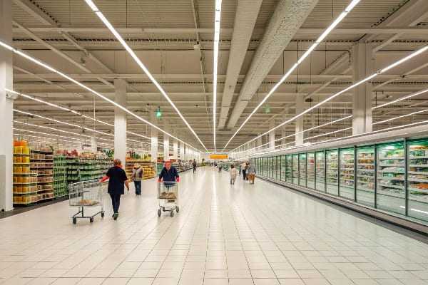 Weitwinkelansicht eines Supermarktgangs mit geordneten Regalen und Käufern
