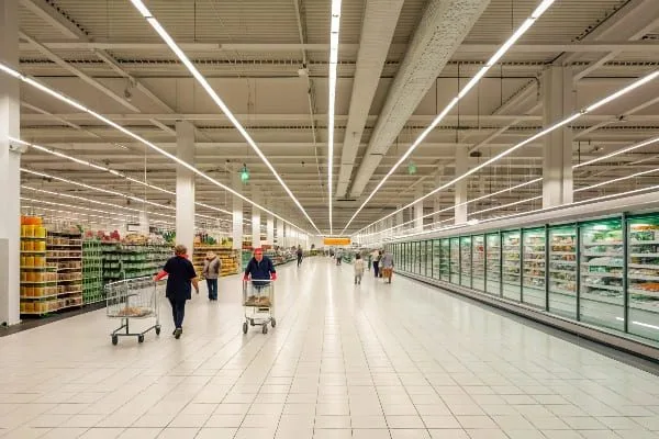 超市过道的广角镜头，货架整齐排列，顾客熙熙攘攘。