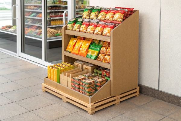 Pappständer mit bunt verpackten Snacks vor einem Supermarkt