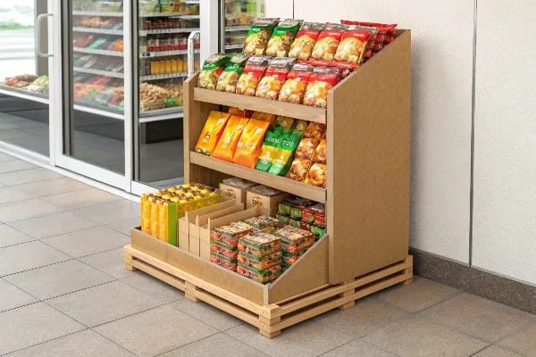 便利店外摆放着装满色彩缤纷包装零食的纸板展示架