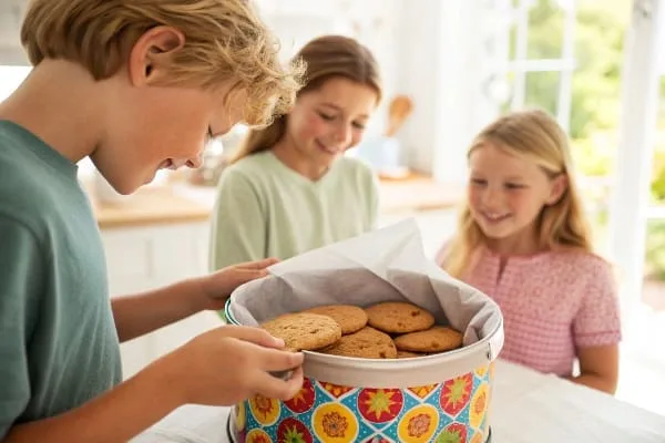 Três crianças sorridentes abrindo uma lata colorida cheia de biscoitos