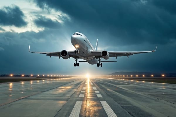 Avión de carga despegando de la pista bajo un cielo nublado al anochecer