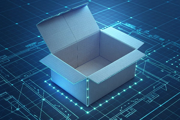 3D cardboard box over digital blueprint background