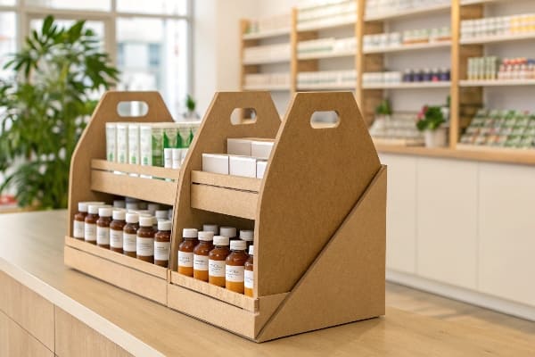 Présentoir en carton pour produits de soins de la peau et compléments alimentaires dans une pharmacie