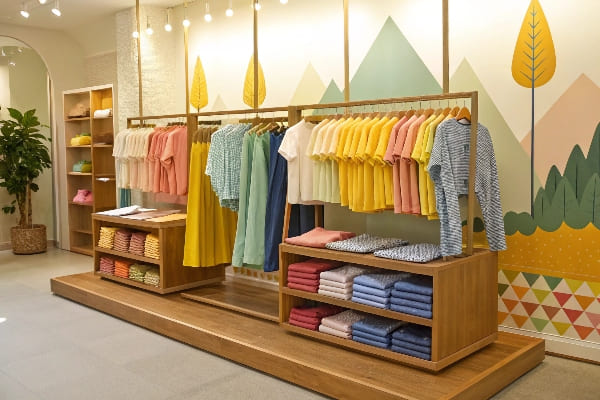 Des vêtements pour enfants soigneusement rangés par couleur dans un intérieur de magasin ludique