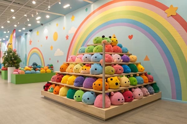 Présentoir pyramidal coloré de jouets en peluche dans un magasin de jouets pour enfants sur le thème de l'arc-en-ciel