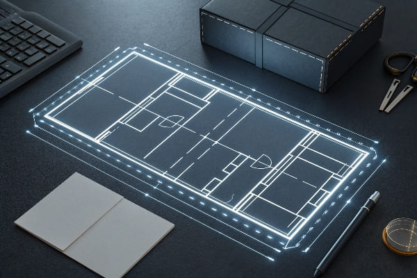 Digital dieline layout on black desk