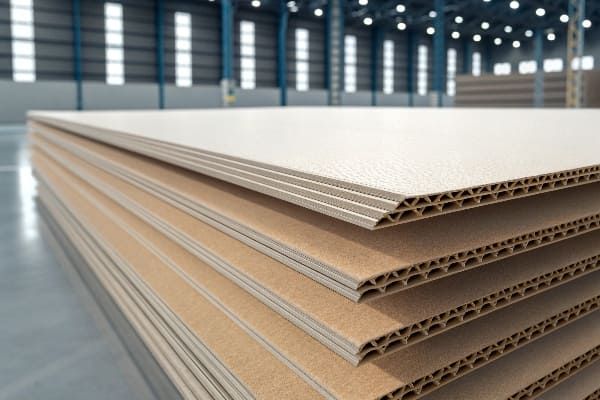 Primer plano de tableros corrugados recubiertos apilados en un almacén