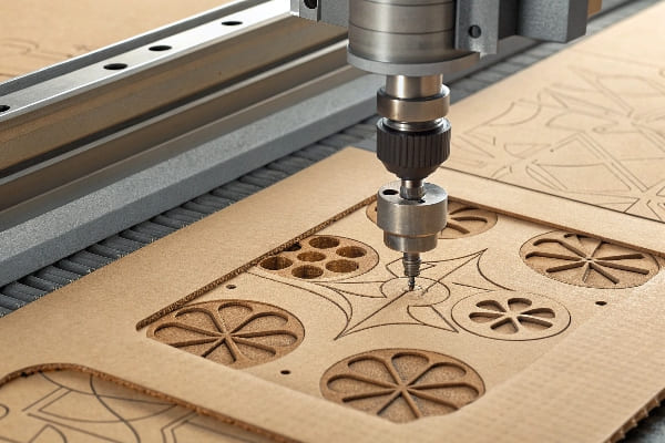 Close-up da máquina CNC cortando padrão floral em folha de papelão
