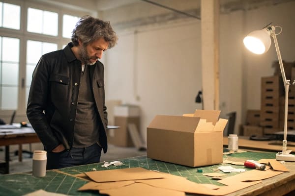 Designer observing cardboard box on worktable