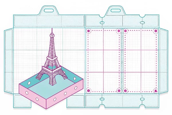 Dieline de caixa plana com modelo 3D da Torre Eiffel no centro