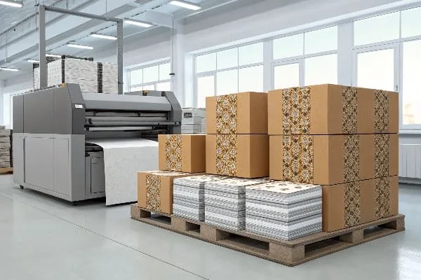ডিজিটাল প্রেসের পাশে সাজানো কার্ডবোর্ডের বাক্সের স্তূপ