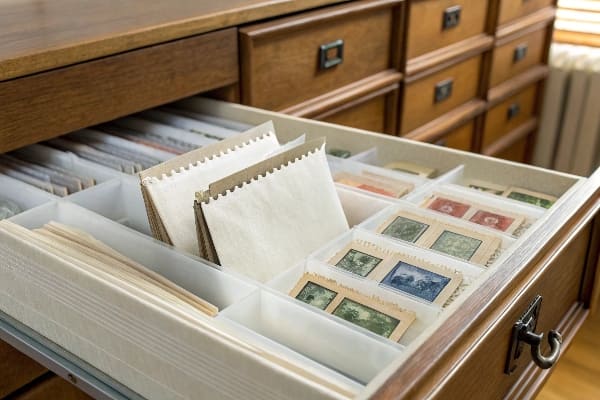 Gaveta com envelopes de papel vegetal e selos vintage
