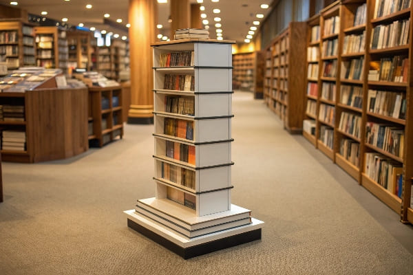 Un présentoir de librairie présentant une sélection de livres dans l'allée centrale