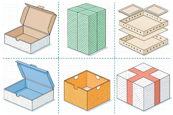Illustrated grid of six packaging box types
