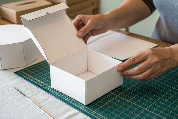 Person assembling white cardboard box on cutting mat