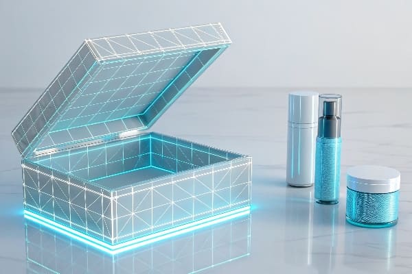 Caixa de cosméticos futurista e brilhante com grade digital e produtos para a pele