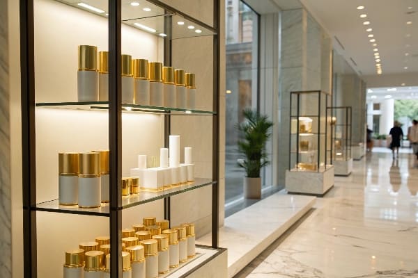 Étagères de vente au détail haut de gamme avec des bouteilles de cosmétiques blanches et dorées dans une salle d'exposition en marbre