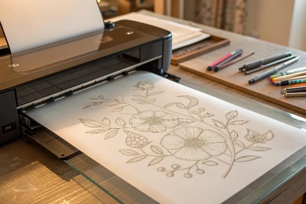 半透明の紙に花のアートワークを作成するプリンター