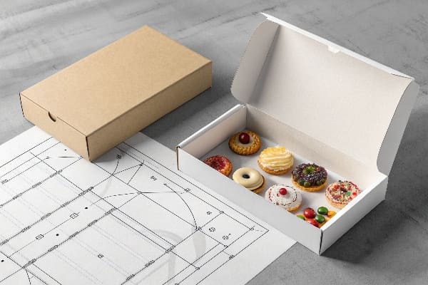 Caixa de doces aberta com mini bolos variados ao lado da planta da caixa