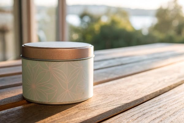 Elegant floral metal tin on wooden surface