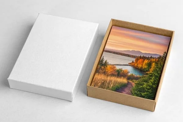 ভিতরে ল্যান্ডস্কেপ প্রিন্ট সহ কার্ডবোর্ডের বাক্স খুলুন